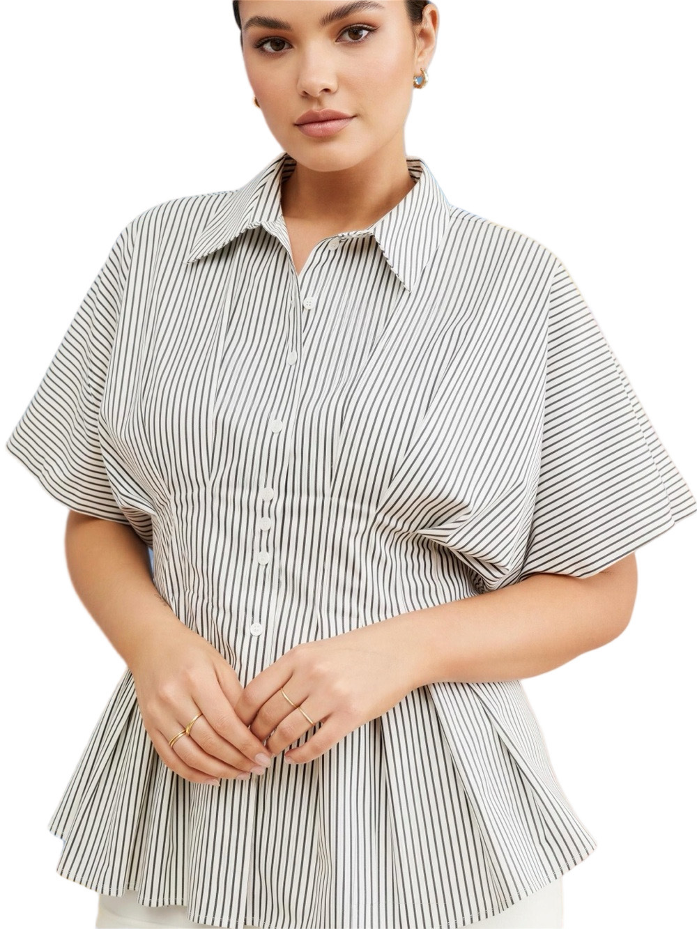 Exquise Tobie Striped Button-Down Blouse Shirt with Dolan Sleeves Size M